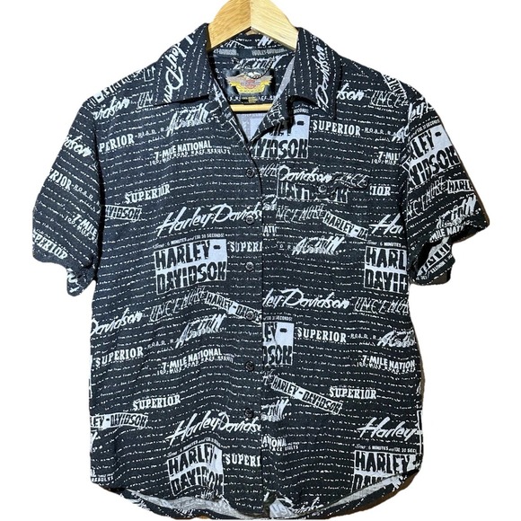 Harley-Davidson Tops - Harley‎ Davidson Womens Medium Button Front Rayon Shirt Logo Print Black M Y2K